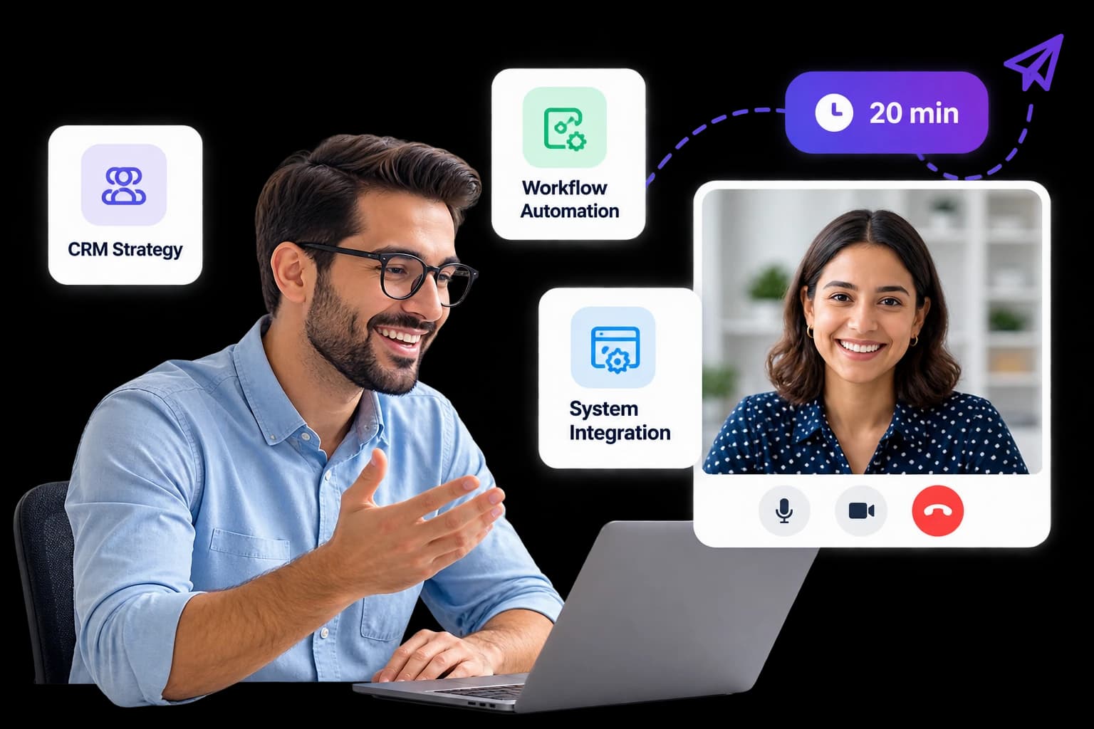 A CRMAppz consultant on a video call discussing CRM strategy, workflow automation and system integration.